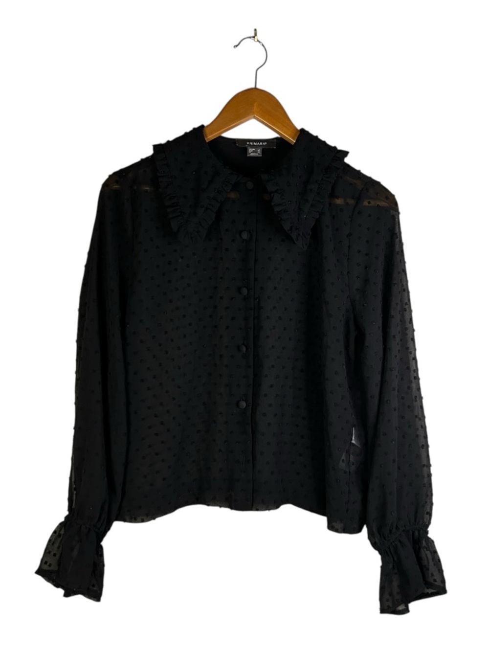 Whimsigoth Dark Coquette Sheer Swiss Dot Preppy Button Ruffle Collar Up Blouse 2